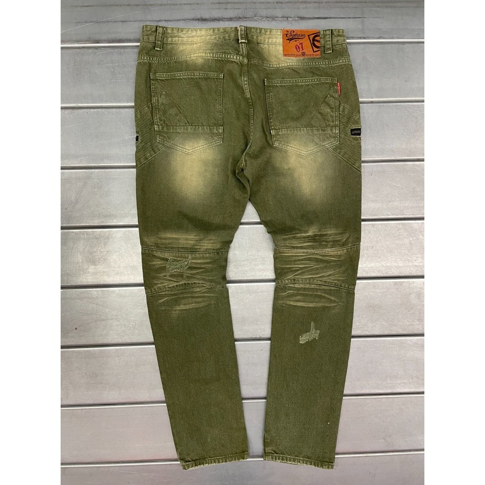 Square Zero Slim Straight Jeans Mens 40x33 Green Denim Faded Distressed Moto - Picture 11 of 16